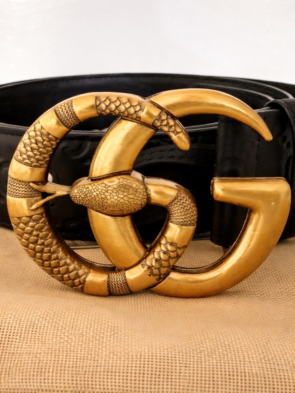 GUCCI Genuine BrushedGold Snake Buckle Black Leather Embossed GG LOGO Belt